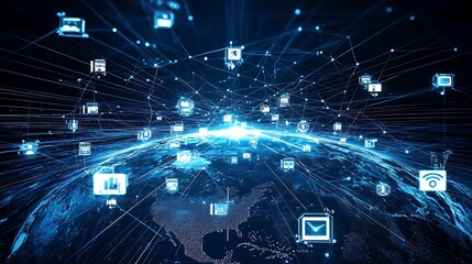 Internet-driven communication in telecommunication, showing global data flow, connectivity, and online interactions.
