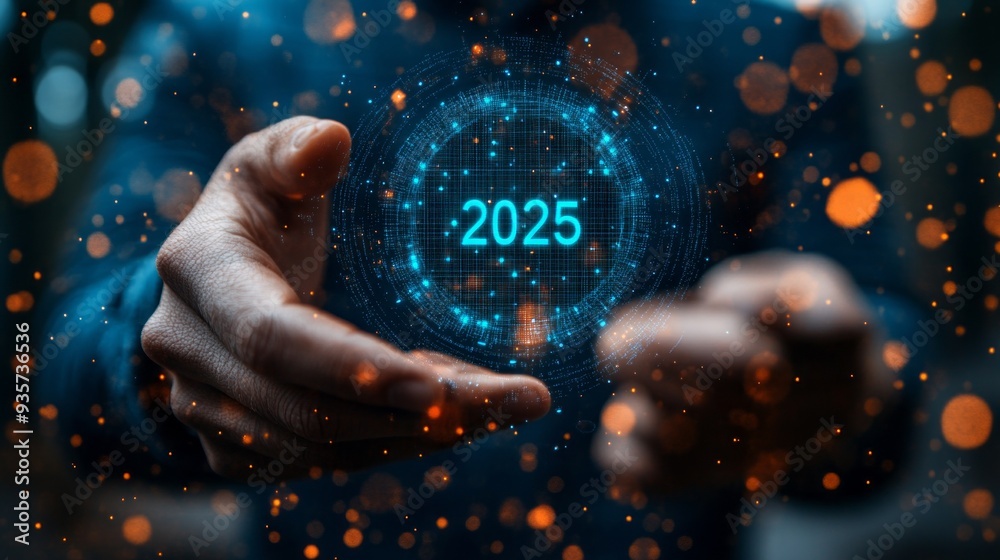Aufkleber a hand extends forward, presenting a glowing hologram of the year 2025, surrounded by sparkling elem