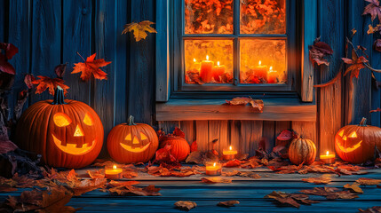 Obraz premium Festive Jack-o'-Lanterns with Candles and Autumn Leaves by Window