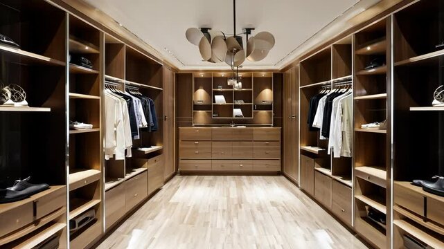A stylish walk-in closet, capturing the seamless integration of mirrors and built-in cabinetry.