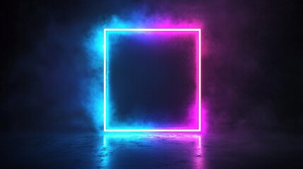 A sleek, minimalistic two-dimensional neon-style frame with a narrow edge is set against a black background, featuring a blank center and wisps of smoke for a dramatic effect.