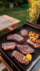 Obraz premium Closeup of grilled steaks and corn on the cob on a black grill.