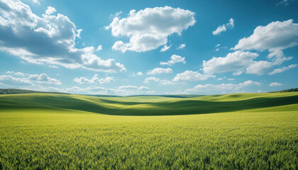 Fototapeta premium Green rolling hills stretching under blue sky with white clouds