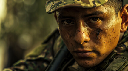 Fototapeta premium Soldier in tactical gear with face paint standing alert in a military environment during daylight
