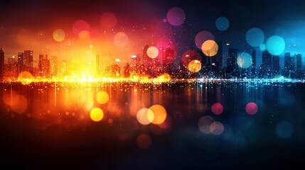 A vibrant cityscape background is formed by overlapping circles of differing sizes and hues, producing a lively and whimsical backdrop enhanced by a light leak effect.
