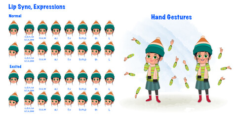 A excited girl cartoon character creation set with lip sync and hand gesture. Excited girl cartoon character front and 1/3 standing pose.
