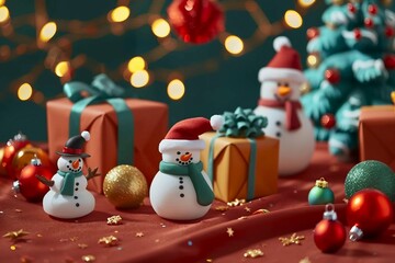 Gift boxs on Christmas with snowman and some decoration on Blurred bokeh light background,