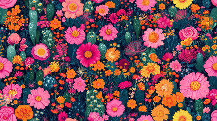 A seamless pattern with vibrant retro flowers and cactus - Power flower background.
