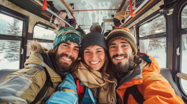 Happy friends taking a selfie inside bus during winter time - Ski weekend in the mountain or winter sport holidays concept - Models by AI generative