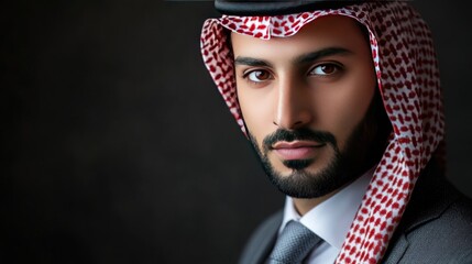 Close-up portrait of a young man wearing a red and white patterned keffiyeh, looking directly at the camera with a serious expression.
