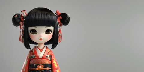 Rendered image of a cute doll. Character design of a child wearing a kimono. Cultural representation for children's books and animation concept.
