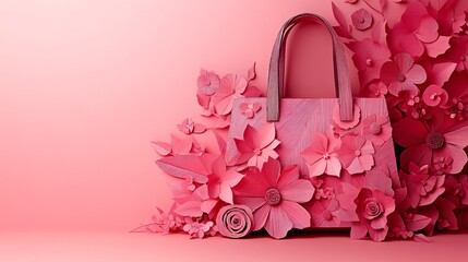 Obraz premium A layered paper cut illustration of a stylish handbag with delicate patterns and textures highlighting the fusion of fashion design and meticulous paper art Stock Photo with copy space