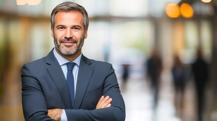 Fototapeta premium Portrait of a confident businessman with a friendly smile, arms crossed, standing in a modern office building.