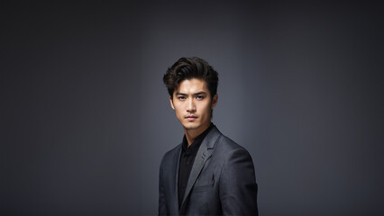 Fototapeta premium Effortlessly chic Japanese man with flawless skin and natural beauty. Brunette with neat hair and a confident smile, gazing at camera. Studio shot with copy space, perfect for beauty and fashion