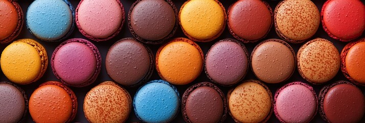 Colorful macarons arranged pattern, top view. Background, banner, wallpaper
