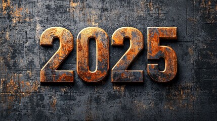 3D text "2025" featuring a gritty, textured grunge finish, adding depth and dimension to enhance your web banner design.