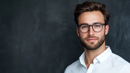 Fototapeta premium Close up portrait of a handsome man wearing glasses and white shirt against dark background.