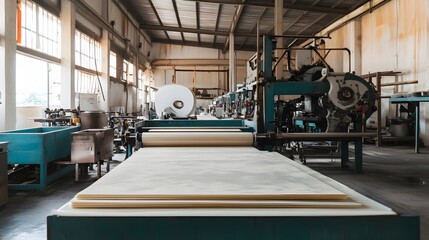 Fototapeta premium A photograph depicting the industrial process of transforming raw latex into refined rubber sheets within a factory setting The image showcases the machinery equipment