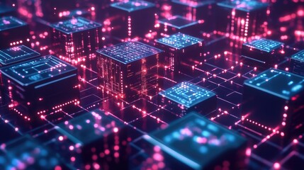 Fototapeta premium Abstract glowing neon futuristic technology background with cubes and lines.