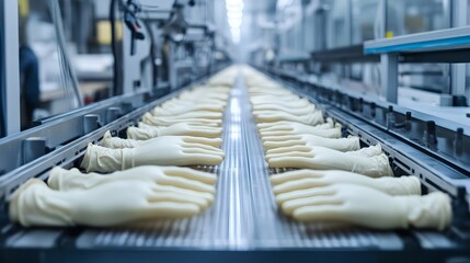Obraz premium Automated Rubber Glove Production Line in an Industrial Manufacturing Facility with Workers Inspecting Gloves on Conveyor Belt