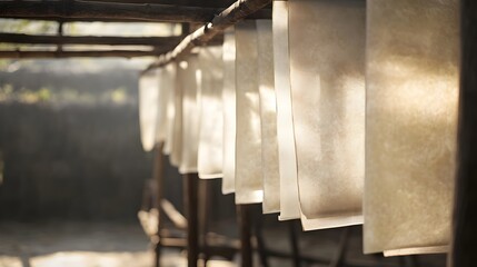 Obraz premium Rubber sheets hanging on wooden frames in a drying area with sunlight filtering through the sheets and creating interesting patterns and textures