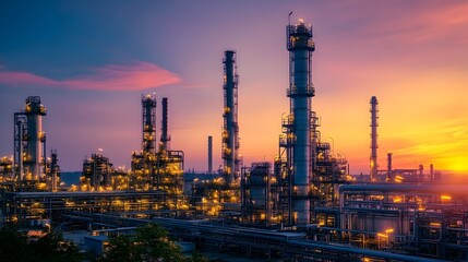 Fototapeta premium Towering Petrochemical Refinery Silhouetted at Sunrise A large industrial plant with distillation columns and pipelines illuminated by the warm light of dawn