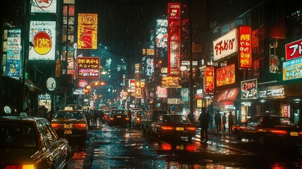 Neon Lights Reflecting in Wet Street at Night in Japan