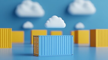 3D illustration of a blue shipping container surrounded by yellow containers and floating clouds against a blue background.