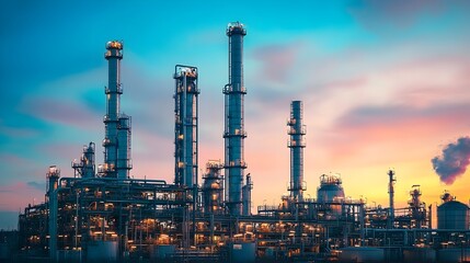 Obraz premium Captivating Landscape of a Towering Petrochemical Refinery Bathed in the Warm Glow of a Stunning Sunrise Impressive Industrial Architecture and Infrastructure Set Against a Serene Sky