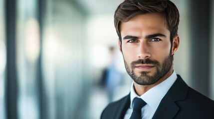 Fototapeta premium Close-up portrait of a handsome businessman with a serious expression, wearing a black suit and tie.