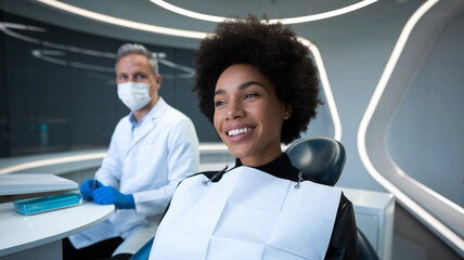 An African-American woman with a smile at a dentist appointment. Professional care and individual approach for everyone. Generative AI