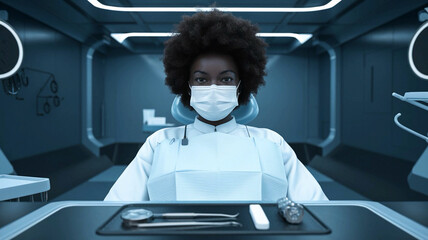 An African-American woman with a smile at a dentist appointment. Professional care and individual approach for everyone. Generative AI