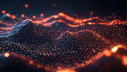 Abstract glowing orange light lines and dots in a dark blue background.