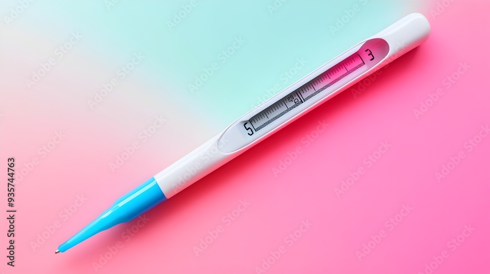 Poster Digital thermometer displaying a high temperature reading set against a minimalist background leaving space for text on the right side