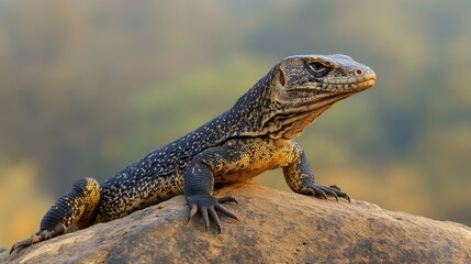 Fototapeta premium A Bengal monitor lizard basking on a rock in the warm sunlight, its scaly skin glistening.