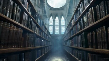 Exploring an ancient library with towering shelves, stained glass windows, and a mysterious atmosphere