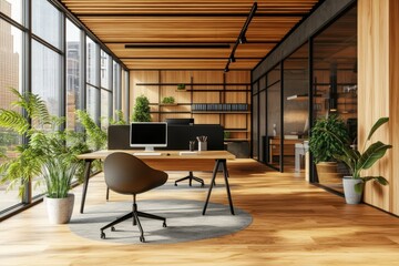 Workplace interior with armchairs and desks, a computer monitor, and a shelf