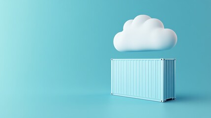 3D illustration of a shipping container under a cloud on a blue background, symbolizing cloud computing and storage solutions.