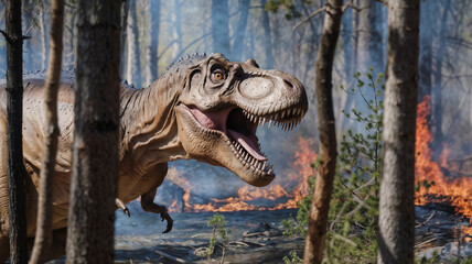 Fototapeta premium Tyrannosaurus rex with forest fires background, T-rex
