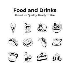 Pack of food and drinks premium quality icons in trendy style
