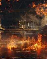 a basketball court with a hoop, but the court is on fire.