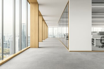 An office with shared desks, chairs, and large windows. A minimalist design with a light carpeted floor and light wood elements. A collaborative workspace.