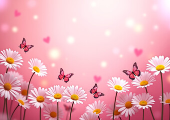 Romantic banner or header of daisies and butterflies in pink.