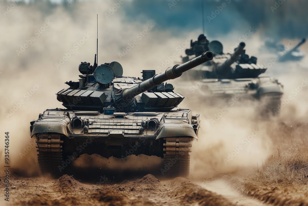 Wall mural military tanks advancing through dusty battlefield in close formation