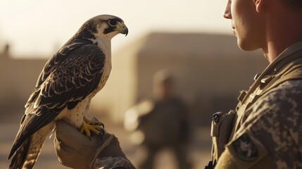 A soldier in desert camo holds a falcon while standing in a desert landscape, highlighting themes of companionship, alertness, and readiness amidst a stark environment.