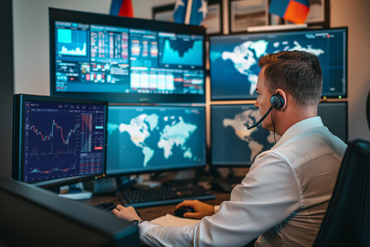 A global market analyst in an office with a world map and multiple screens displaying various international market indices. The analyst is on a video call, discussing global market trends