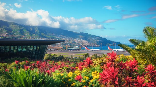 Funchal Airport features modern design, stunning views, and a golden sunset over lush mountains and the ocean.