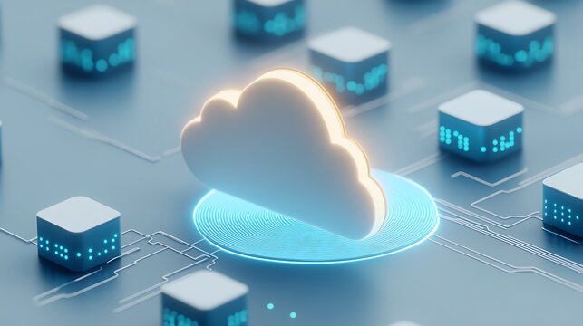 3D illustration of cloud computing technology concept with glowing cloud icon and network nodes on a futuristic blue background.