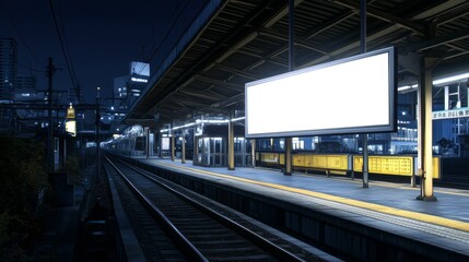 At night, a blank billboard stands at a quiet train station.