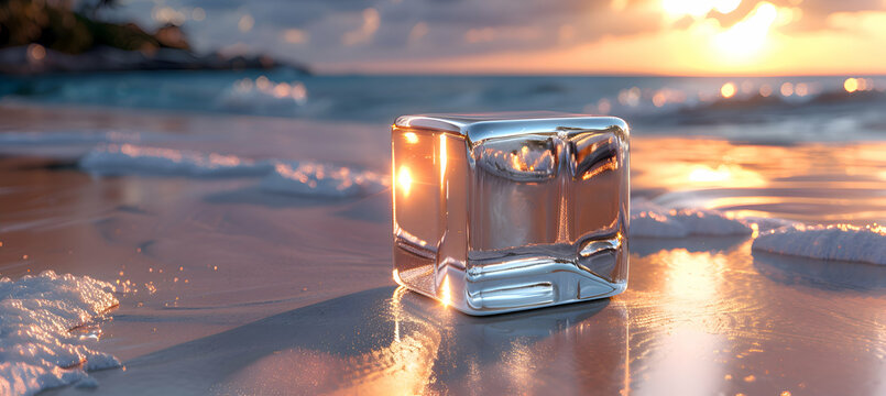 A 3D metallic cube resting on a sandy beach, with the texture of the sand visible in ultra-high definition